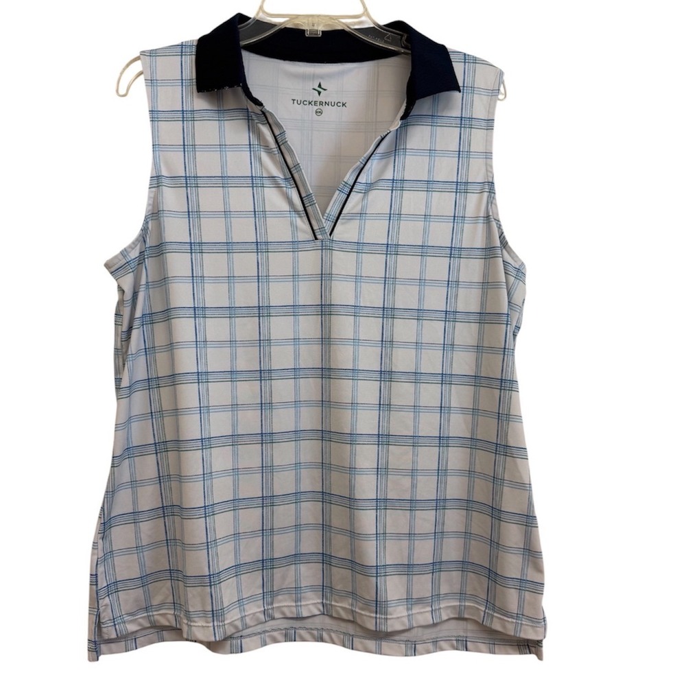 Tuckernuck Womens Sleeveless Golf Polo Top Blue White Plaid XXL